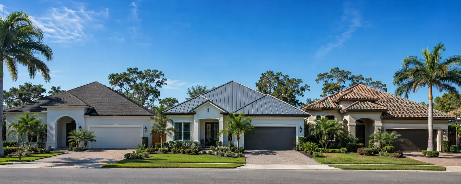 Three Florida residential roofs side by side showing asphalt shingles, metal roofing and tile roofing