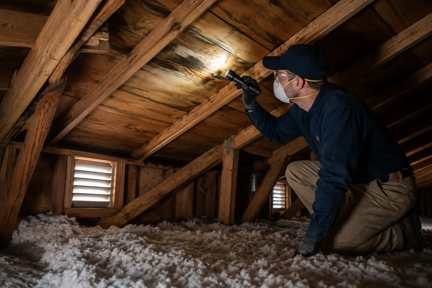 Roofer with a flashlight checking a Florida attic for water stains and insulation condition