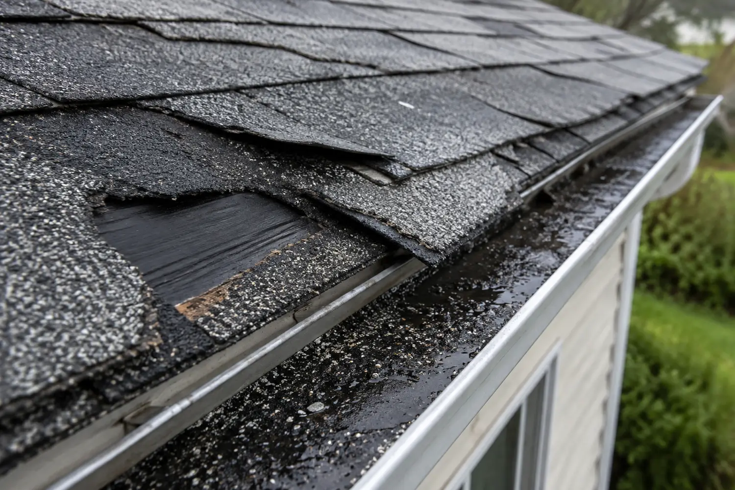 Close-up of storm-damaged asphalt shingles with curled edges and granules scattered in the gutter