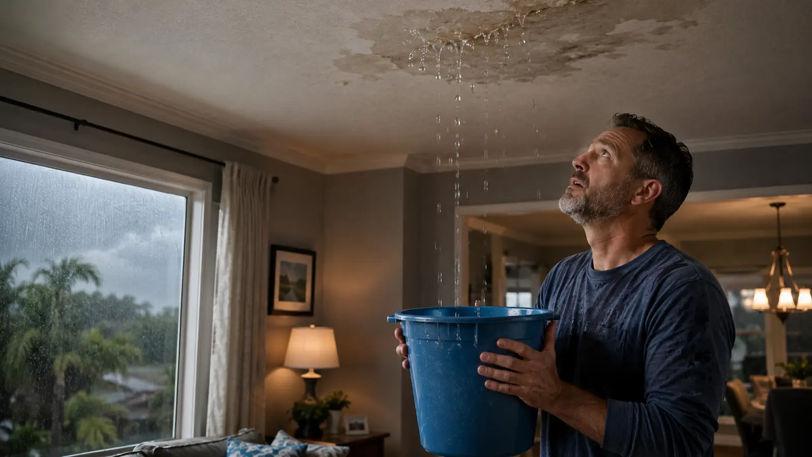 Florida homeowner looking at a water stain spreading on their ceiling during a storm, bucket catching the drip