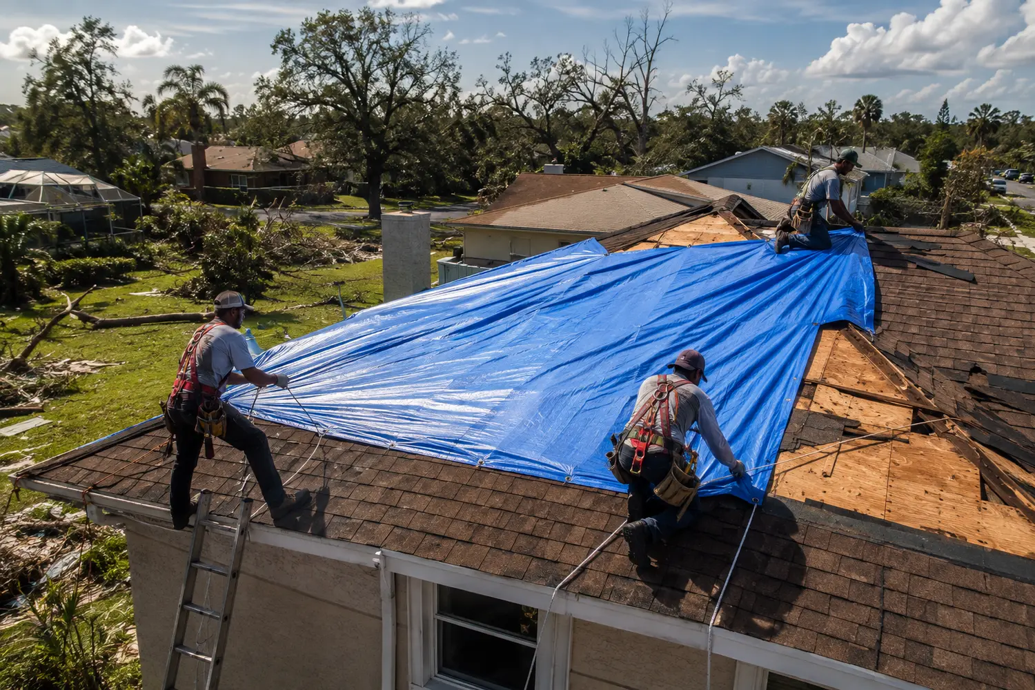 Roofing crew installing a blue tarp on a Jacksonville home's storm-damaged roof on a sunny day after the storm