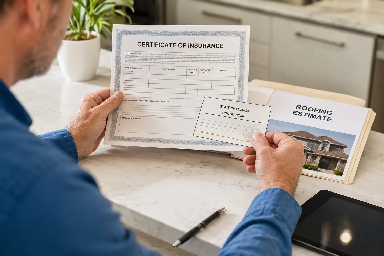Close-up of a Florida contractor's license and insurance documents being reviewed by a homeowner