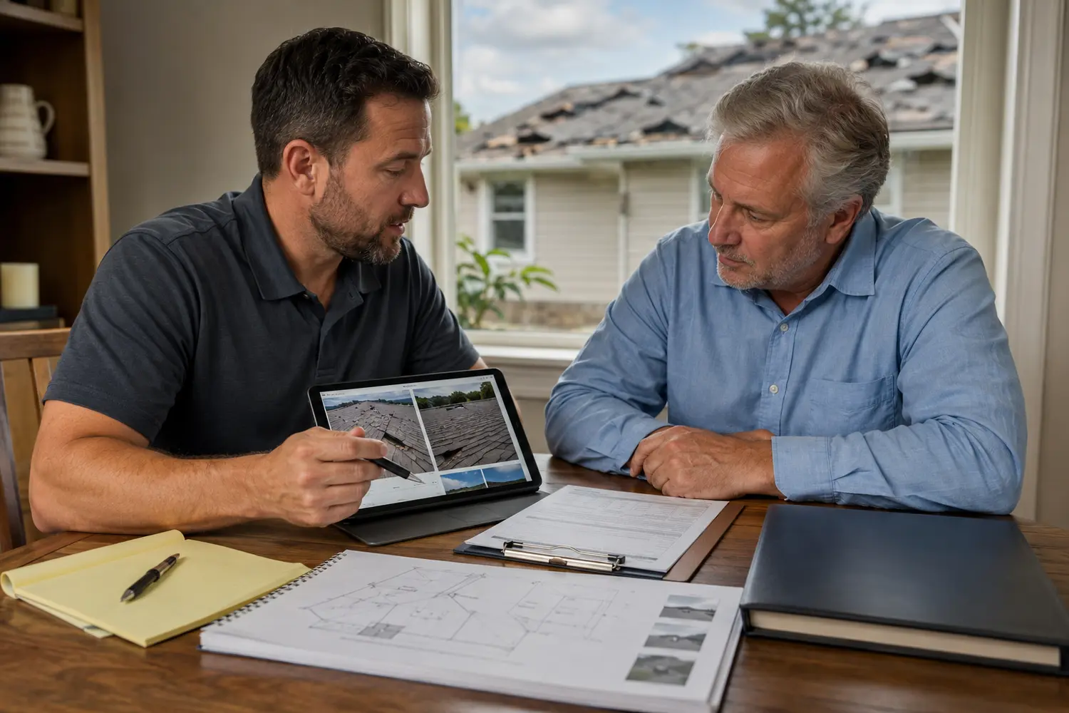 Jacksonville homeowner reviewing insurance documents with a professional roofer