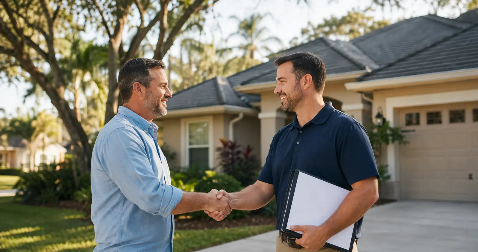 A Jacksonville homeowner meeting a licensed roofer in the driveway, reviewing documents