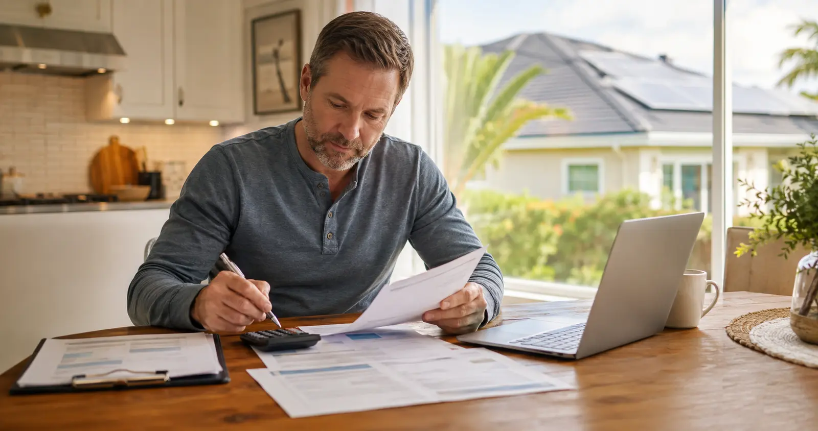 Jacksonville homeowner reviewing a roof quote and financing paperwork at a kitchen table