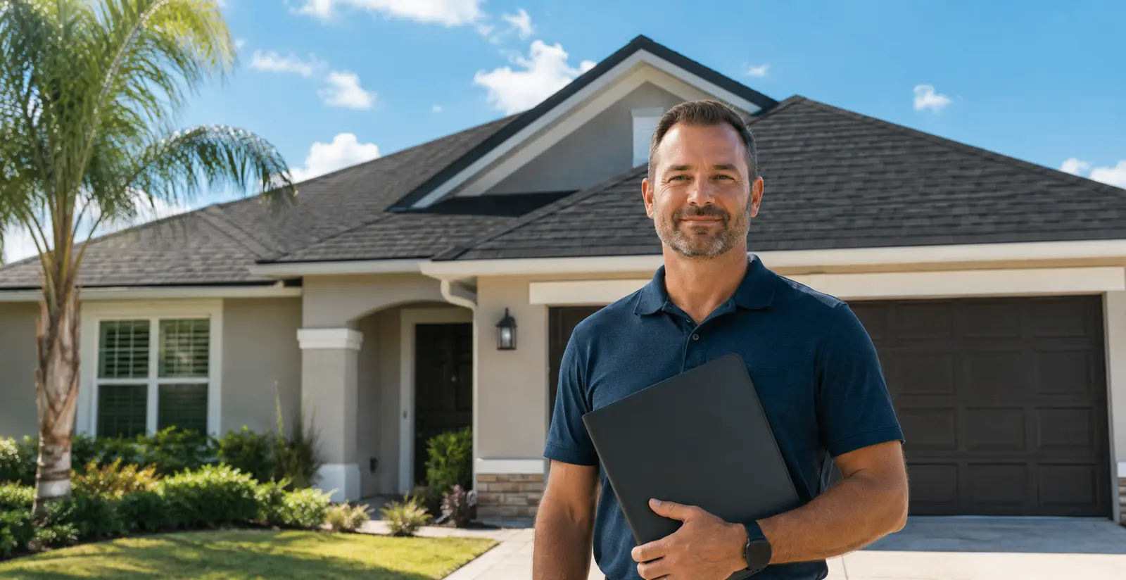 Jacksonville homeowner holding a roof warranty document, standing in front of a newly installed roof