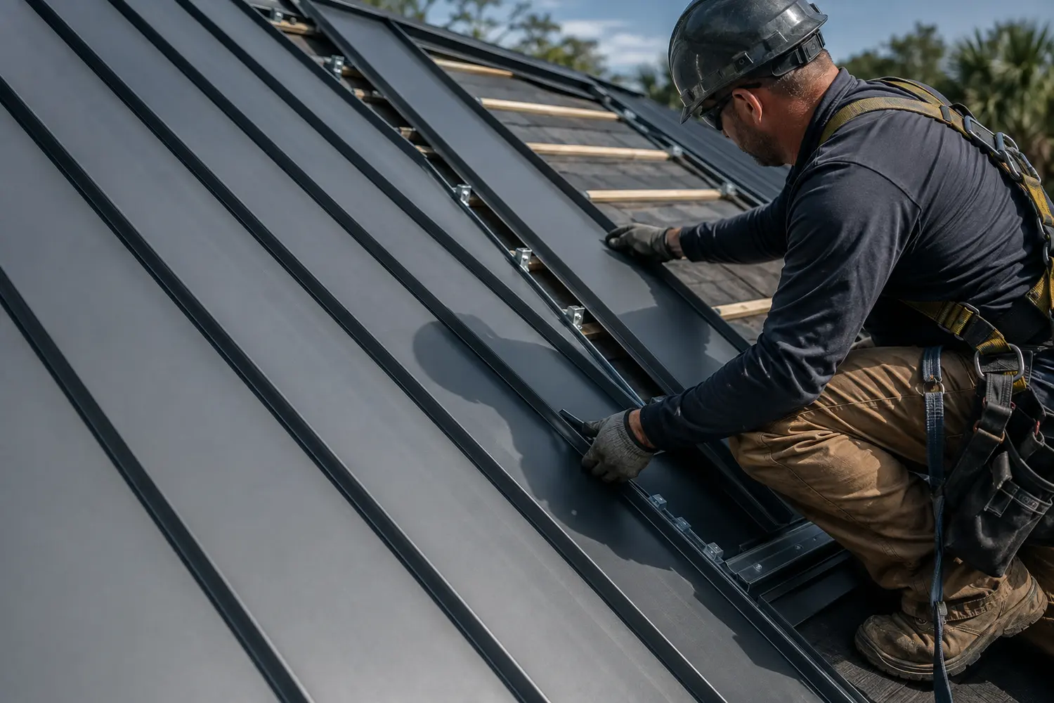 Close-up of metal roofing panels being installed on a Florida home by a professional roofer