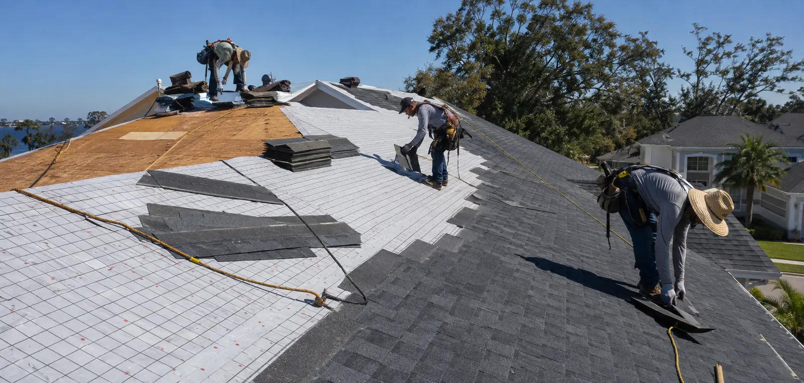 Professional roofing crew installing a new roof on a Florida home on a sunny day