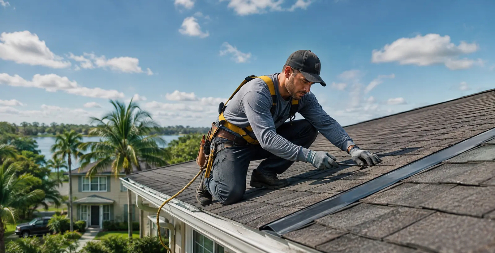 Professional roofer in safety gear inspecting shingles and flashing on a Jacksonville, Florida home