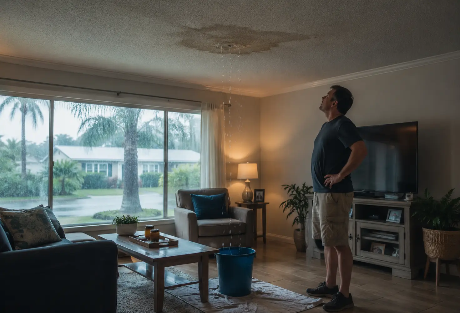 Water dripping from a ceiling into a bucket inside a Florida home, water stain visible above
