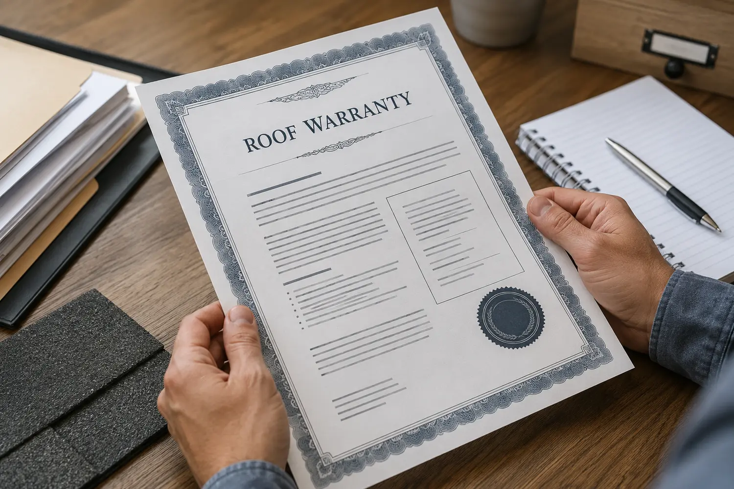 Close-up of a roof warranty certificate with detailed fine print visible