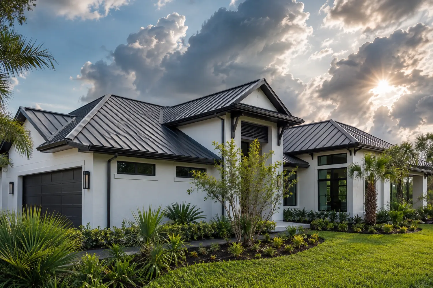 Modern Florida home with a standing seam metal roof under dramatic clouds