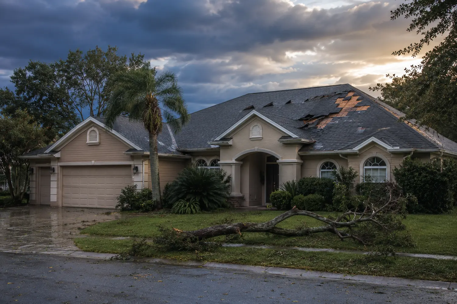 Florida home showing visible storm damage to the roof with fallen branches in the yard