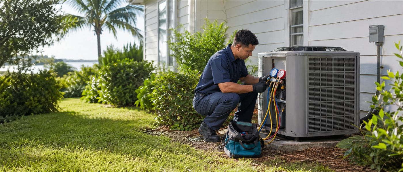 HVAC technician servicing an outdoor air conditioning unit at a Jacksonville home