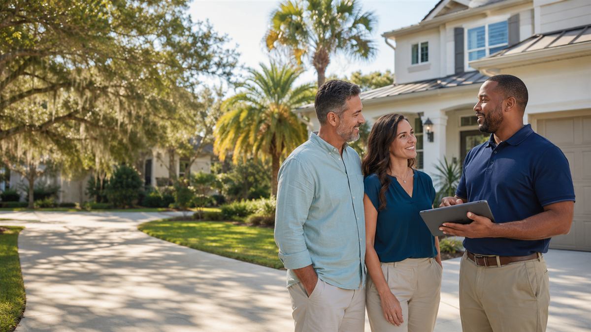 Jacksonville homeowners talking with a local contractor holding a tablet in their driveway