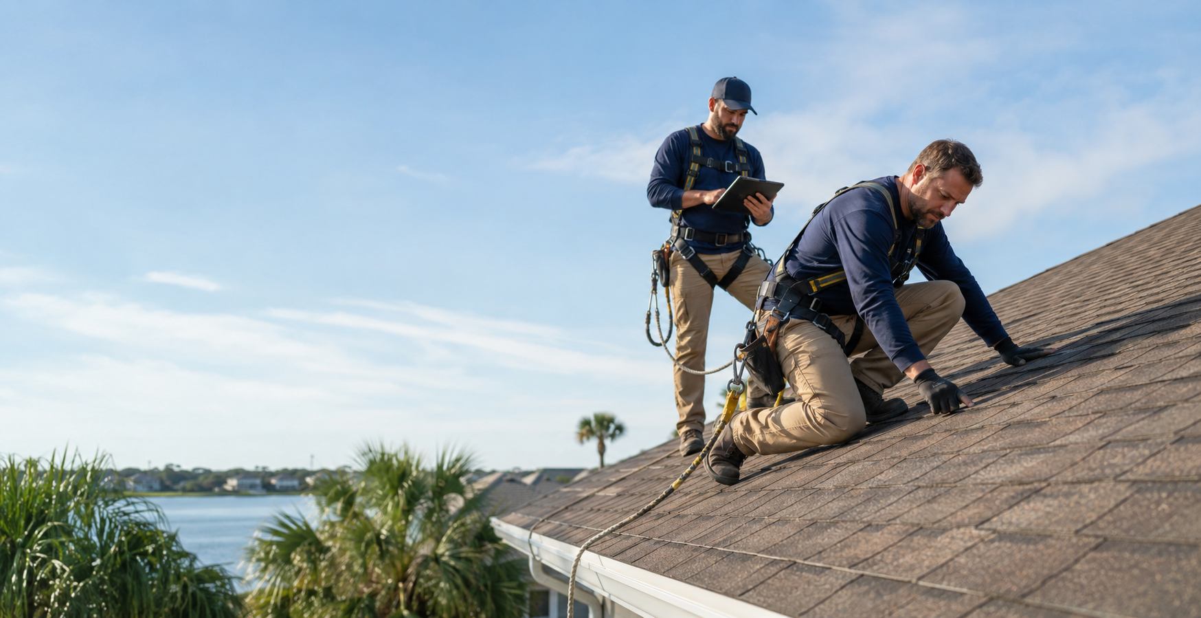 Two Jacksonville roofing contractors in safety harnesses inspecting shingles on a waterfront home