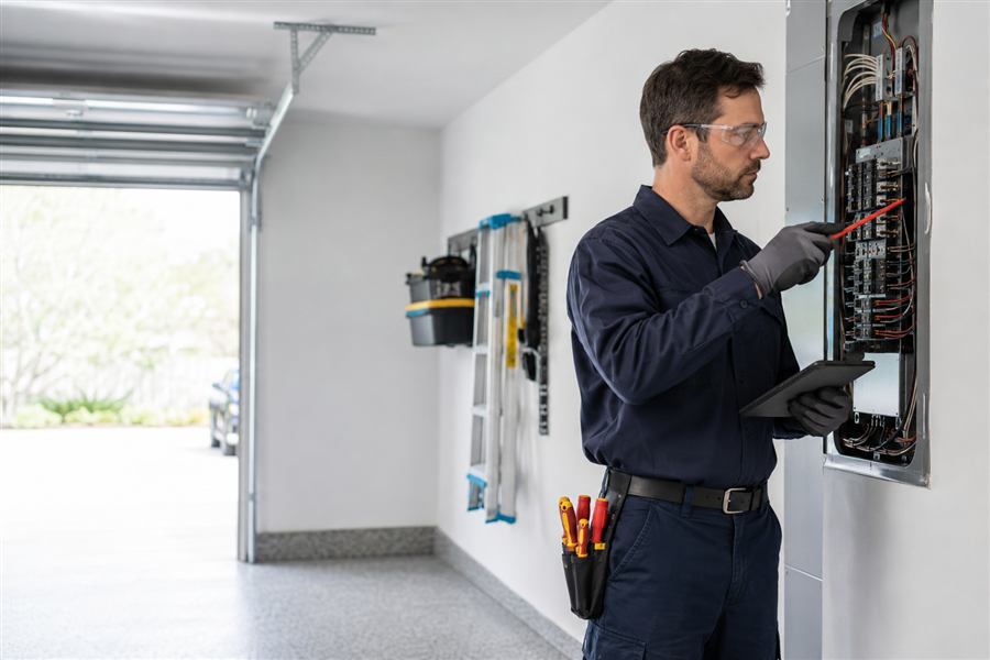 Licensed Jacksonville electrician working on a home electrical panel in a garage