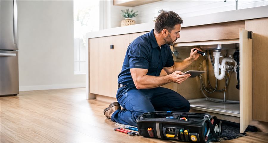 Licensed Jacksonville plumber inspecting pipes under a kitchen sink with a flashlight and tablet