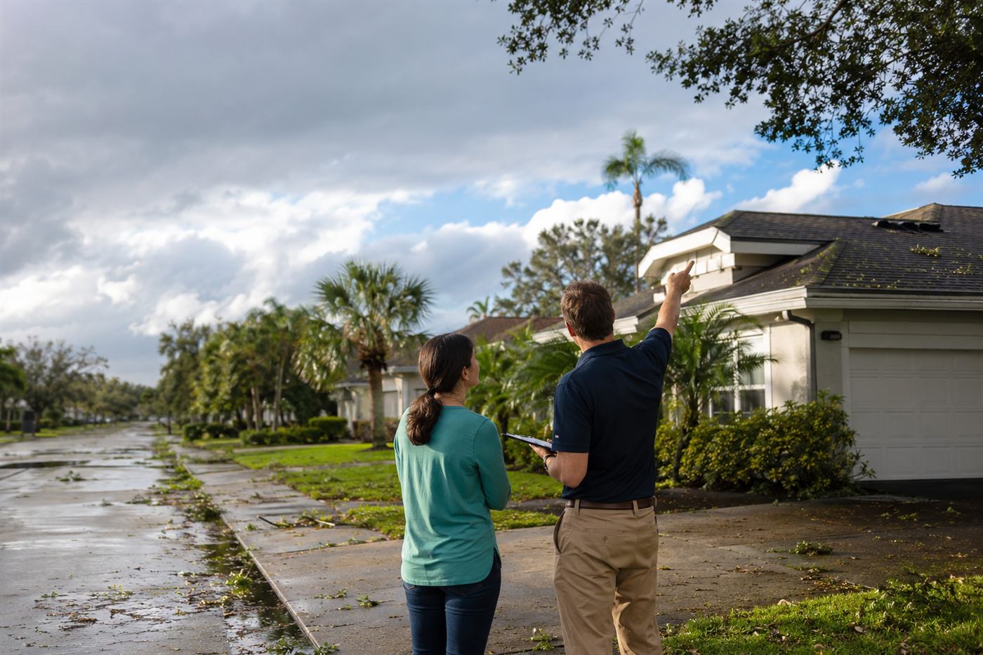 Homeowner and inspector reviewing storm damage to a Jacksonville roof after a hurricane