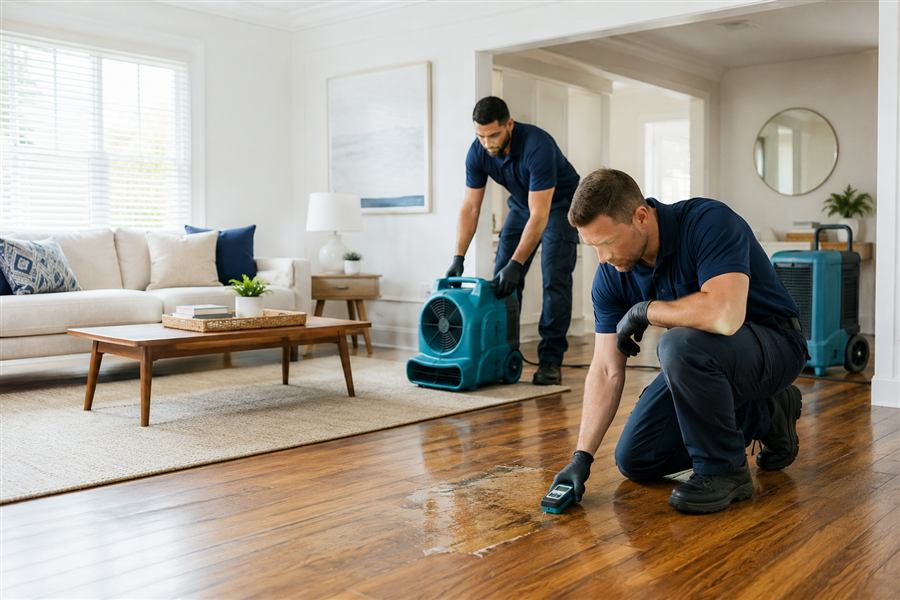 Water damage restoration technicians drying a hardwood floor in a Jacksonville living room